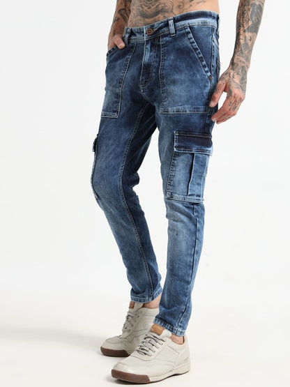Men’s Blue Slim Fit Stretch Cargo Pants – 6 Pockets, Mid-Rise, Flat-Front