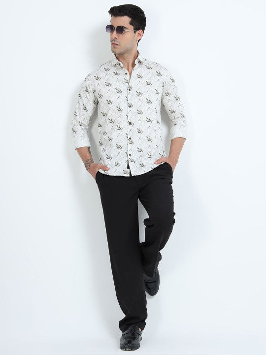 Men’s White & Green Floral Printed Pure Cotton Casual Shirt
