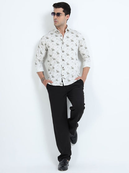 Men’s White & Green Floral Printed Pure Cotton Casual Shirt