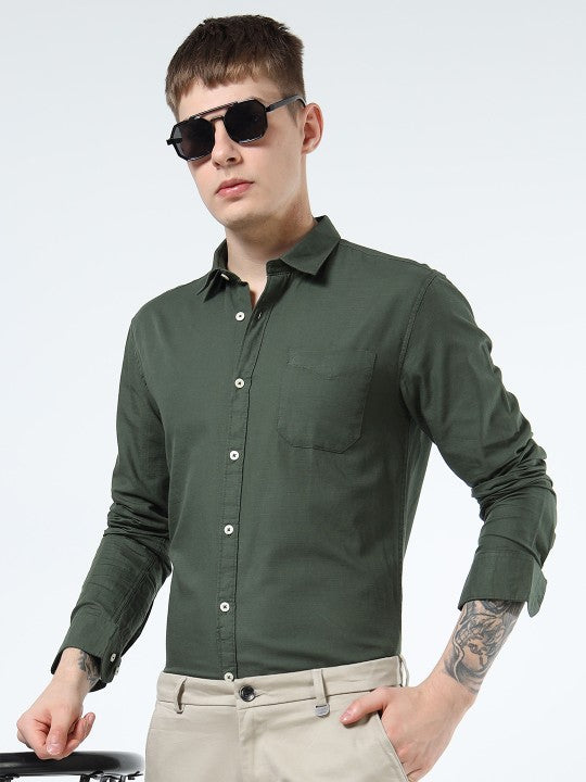 Men’s Green India Slim Fit Solid Pure Cotton Casual Shirt