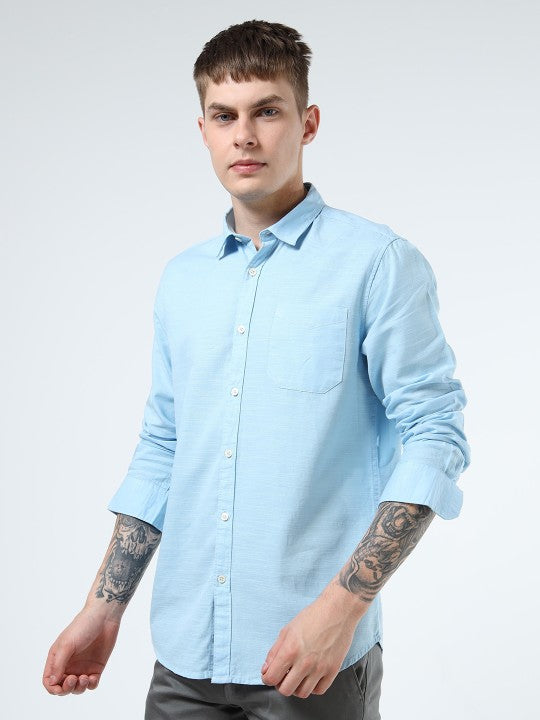 Men Blue Slim Fit Pure Cotton Casual Shirt with Spread Collar