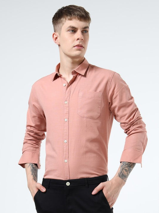 Men Peach Slim Fit Cotton-Flax Casual Shirt with Spread Collar
