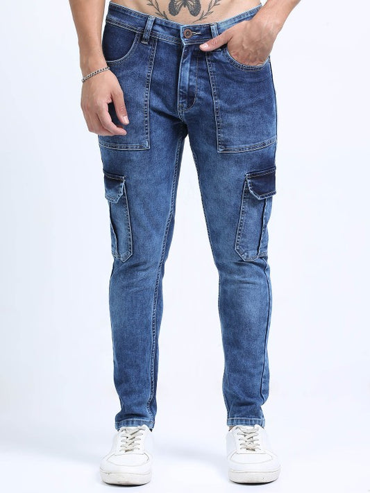 Men’s Blue Slim Fit Stretch Cargo Jeans