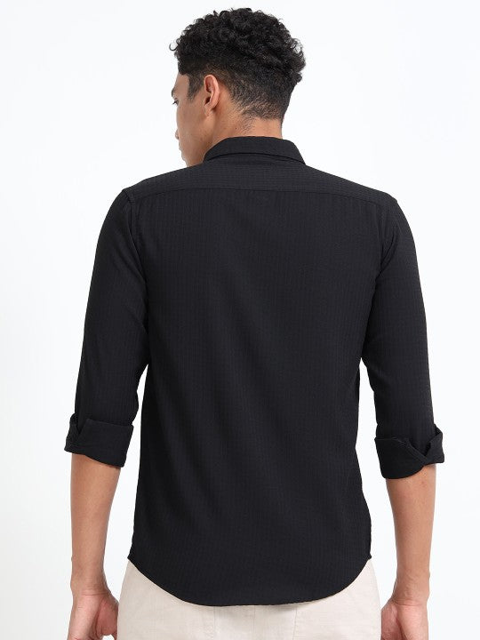 Men Black Textured Slim Fit Cotton Casual Shirt
