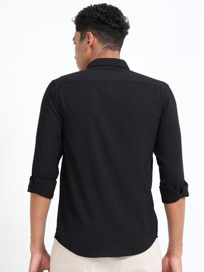 Men Black Textured Slim Fit Cotton Casual Shirt