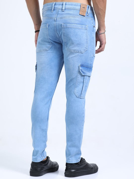 Men Blue Slim Fit Woven Cargo Jeans