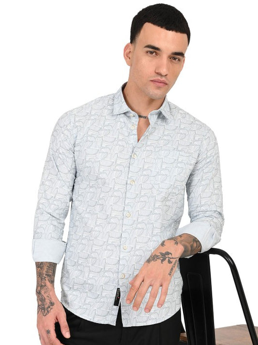 Men Blue & White Floral Printed Slim Fit Pure Cotton Casual Shirt