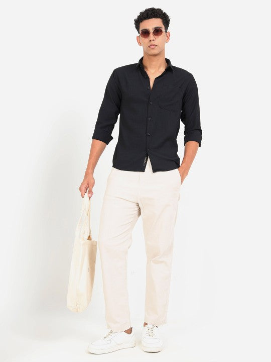 Men Black Textured Slim Fit Cotton Casual Shirt