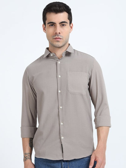 Beige Textured Slim Fit Cotton Casual Shirt for Men