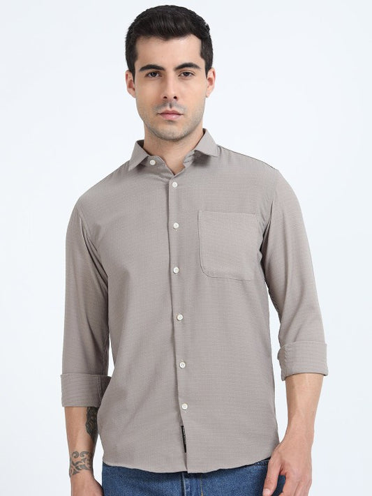 Beige Textured Slim Fit Cotton Casual Shirt for Men
