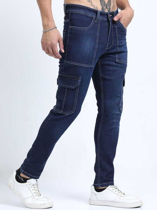 Navy Blue Slim Fit Woven Cargo Jeans - Mid Rise, 6 Pockets