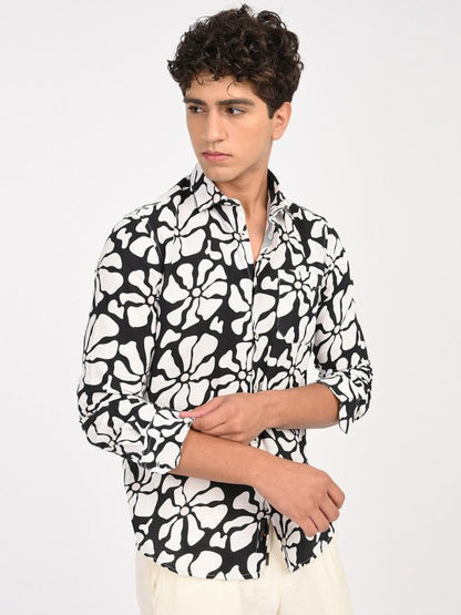 Men Black & White Abstract Printed Slim Fit Cotton Casual Shirt