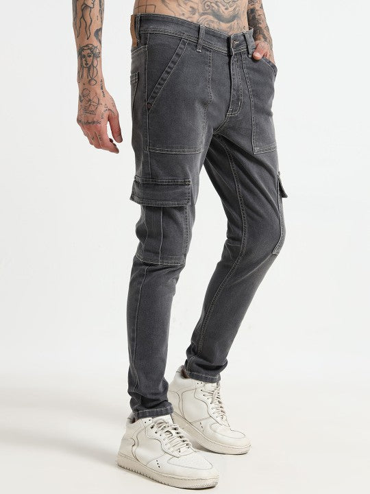 Grey Slim Fit Woven Cargo Pants for Men – Mid-Rise, 6 Pockets, Stretch Cotton