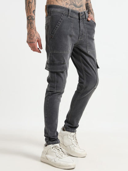 Grey Slim Fit Woven Cargo Pants for Men – Mid-Rise, 6 Pockets, Stretch Cotton