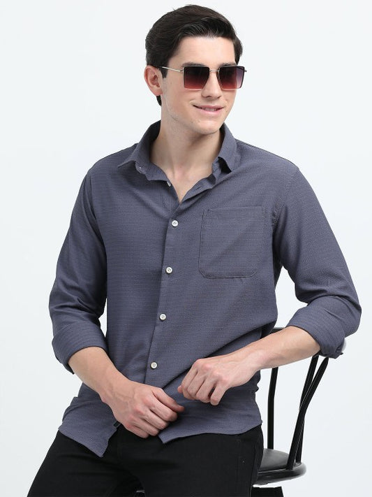 Grey Textured Slim Fit Cotton Casual Shirt for Men