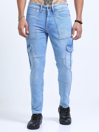 Men Blue Slim Fit Woven Cargo Jeans