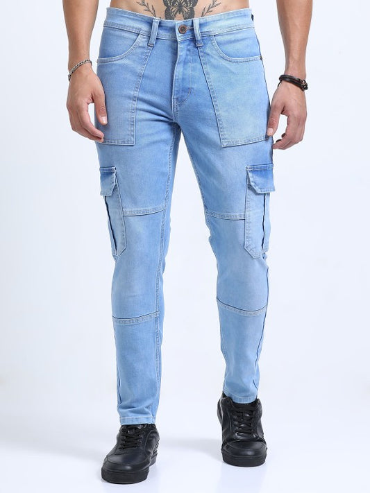 Men Blue Slim Fit Woven Cargo Jeans