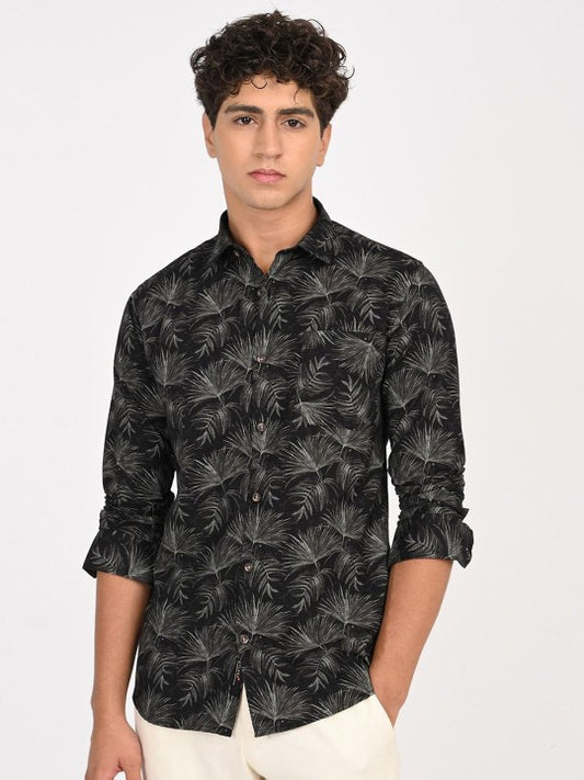 Men Black & White Camouflage Printed Slim Fit Casual Shirt