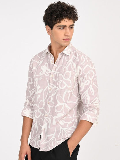 Men Pink & White Floral Printed Slim Fit Casual Shirt