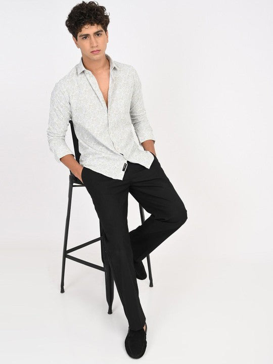 Men Classic Fit Floral Printed Spread Collar Cotton Shirt - White & Blue