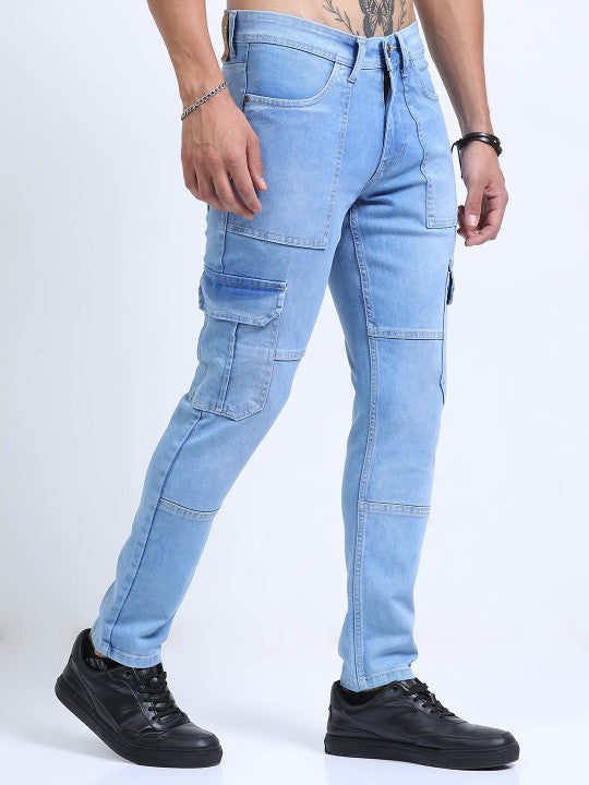 Men Blue Slim Fit Woven Cargo Jeans