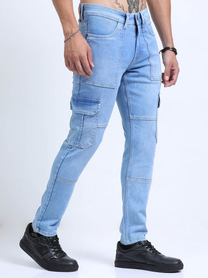 Men Blue Slim Fit Woven Cargo Jeans