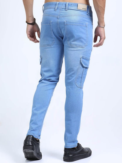 Men Blue Slim Fit Woven Cargo Jeans