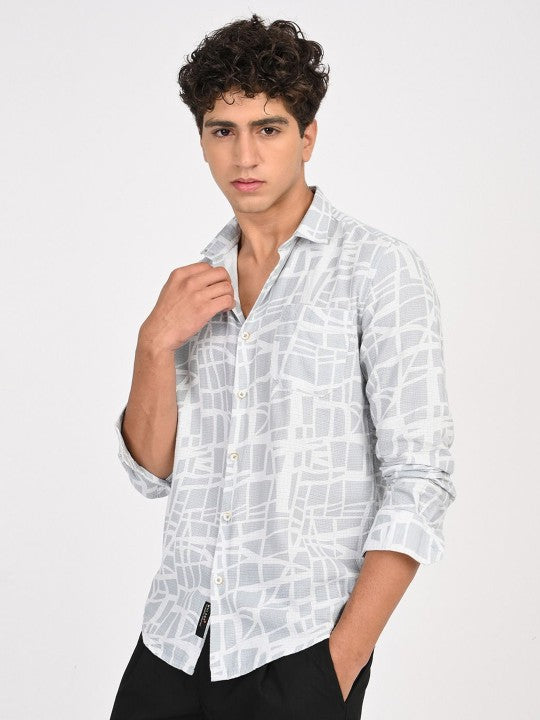 Men Abstract Printed Classic Blue & White Slim Fit Casual Shirt