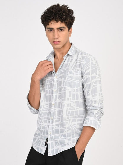 Men Abstract Printed Classic Blue & White Slim Fit Casual Shirt