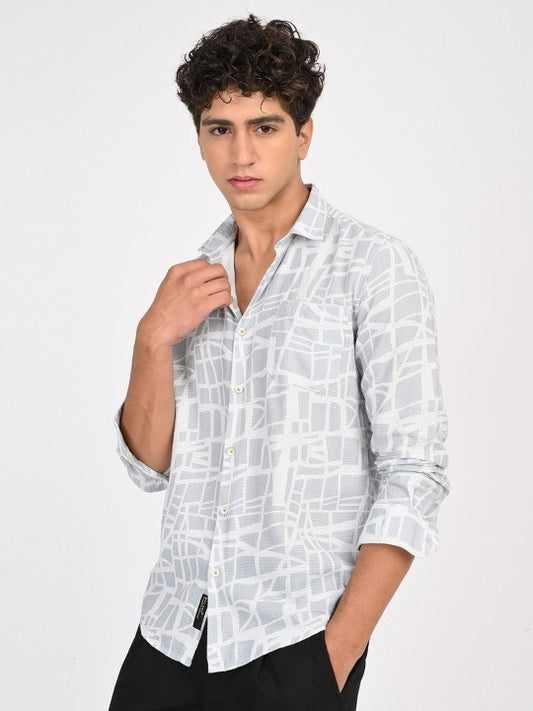 Men Abstract Printed Classic Blue & White Slim Fit Casual Shirt