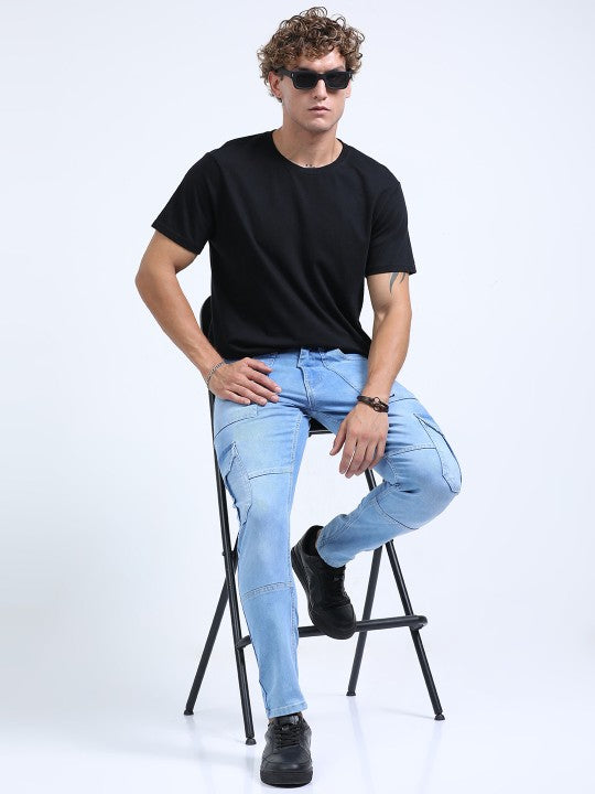 Men Blue Slim Fit Woven Cargo Jeans