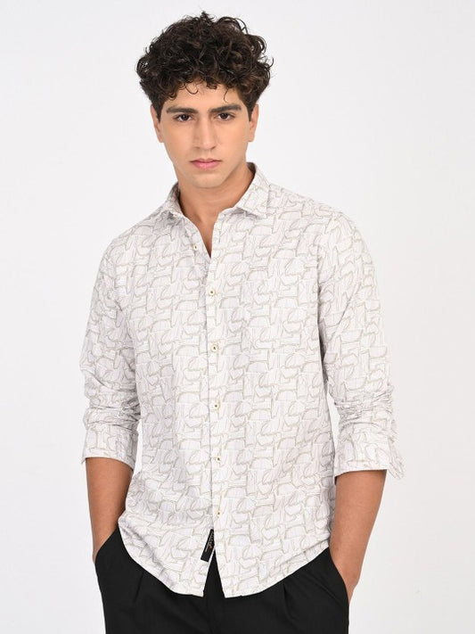 Men Beige & Brown Floral Printed Slim Fit Casual Shirt
