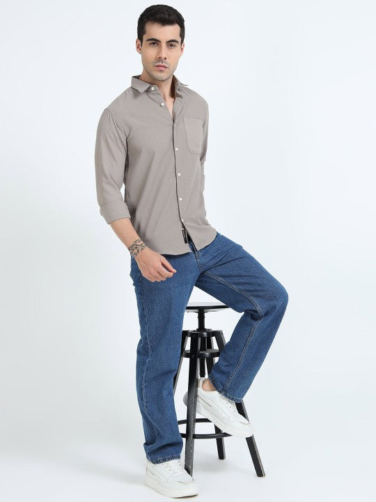 Beige Textured Slim Fit Cotton Casual Shirt for Men