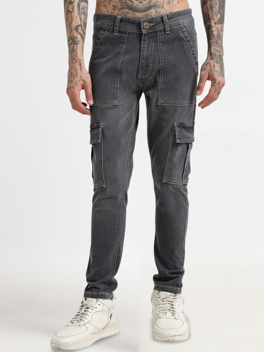 Grey Slim Fit Woven Cargo Pants for Men – Mid-Rise, 6 Pockets, Stretch Cotton