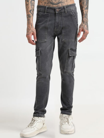 Grey Slim Fit Woven Cargo Pants for Men – Mid-Rise, 6 Pockets, Stretch Cotton