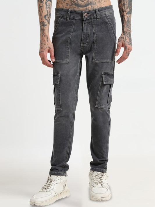 Grey Slim Fit Woven Cargo Pants for Men – Mid-Rise, 6 Pockets, Stretch Cotton