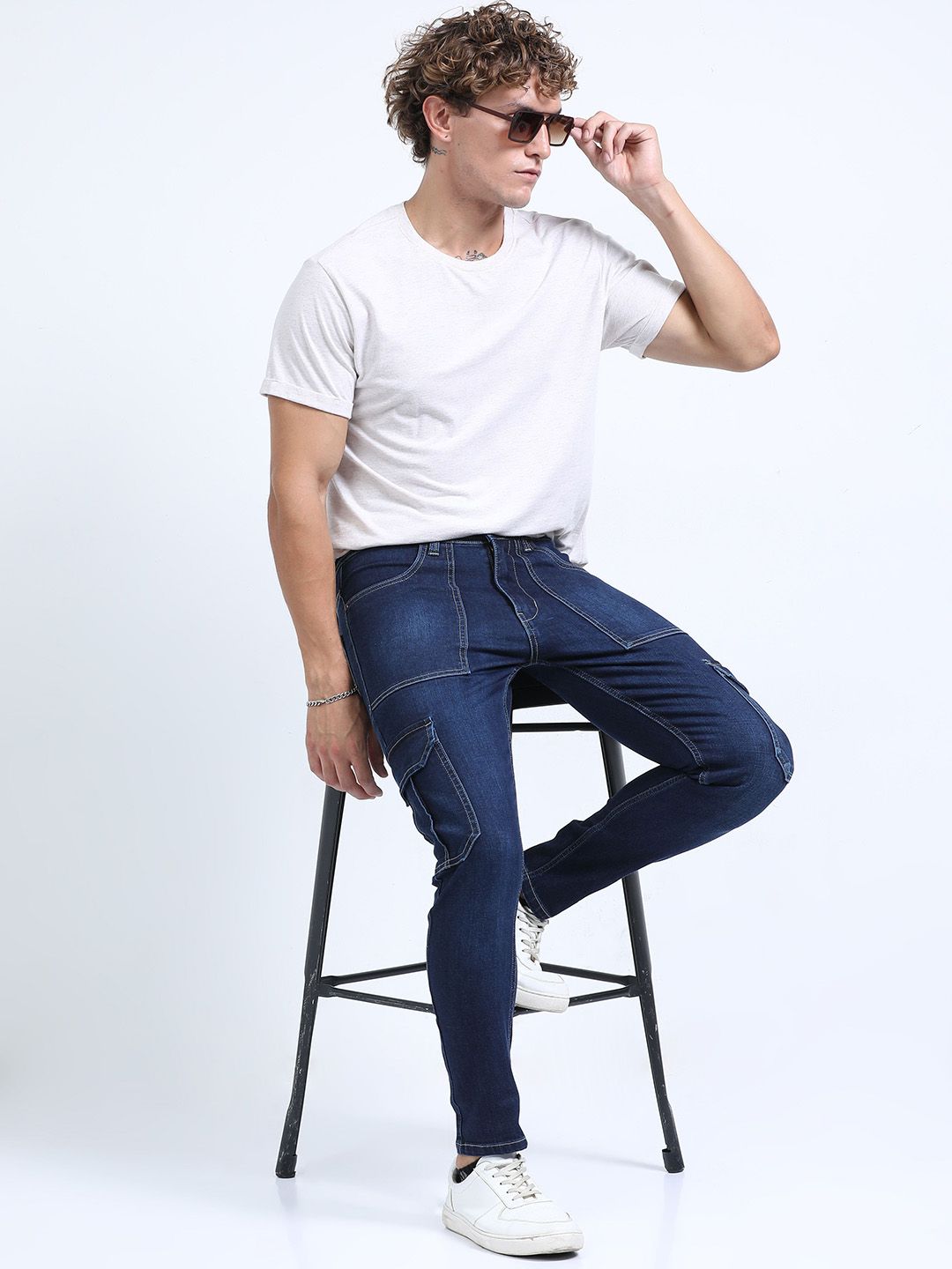 Navy Blue Slim Fit Woven Cargo Jeans - Mid Rise, 6 Pockets