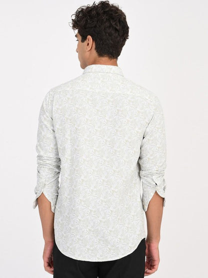 Men Classic Fit Floral Printed Spread Collar Cotton Shirt - White & Blue