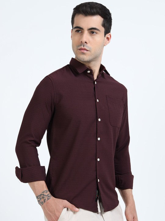 Maroon Textured Slim Fit Cotton Casual Shirt for Men