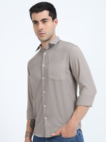 Beige Textured Slim Fit Cotton Casual Shirt for Men