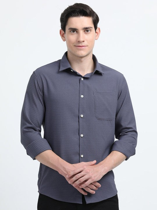 Grey Textured Slim Fit Cotton Casual Shirt for Men