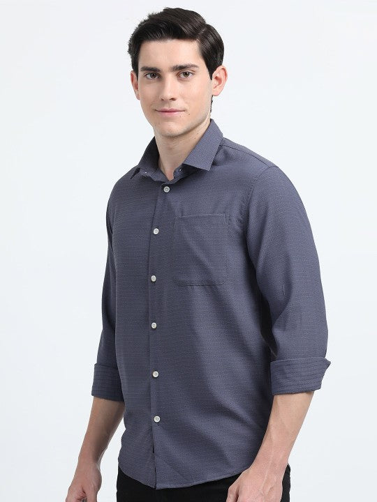 Grey Textured Slim Fit Cotton Casual Shirt for Men
