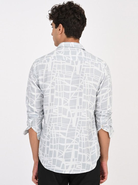 Men Abstract Printed Classic Blue & White Slim Fit Casual Shirt