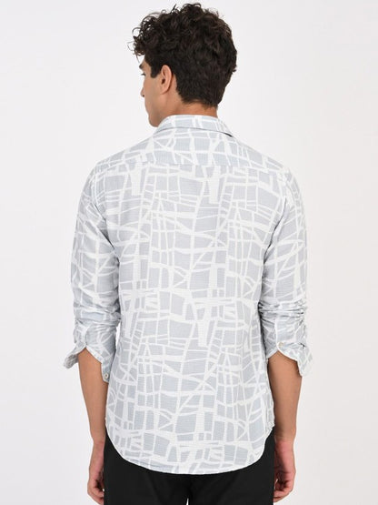 Men Abstract Printed Classic Blue & White Slim Fit Casual Shirt