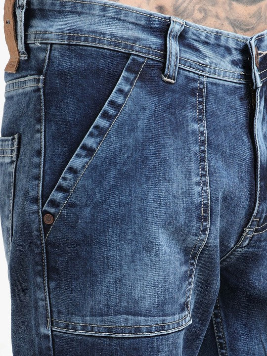 Men’s Blue Slim Fit Stretch Cargo Pants – 6 Pockets, Mid-Rise, Flat-Front