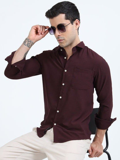 Maroon Textured Slim Fit Cotton Casual Shirt for Men