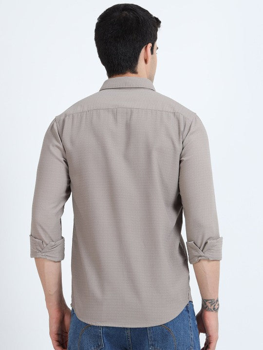 Beige Textured Slim Fit Cotton Casual Shirt for Men