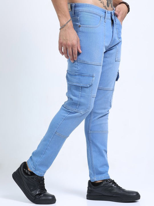 Men Blue Slim Fit Woven Cargo Jeans