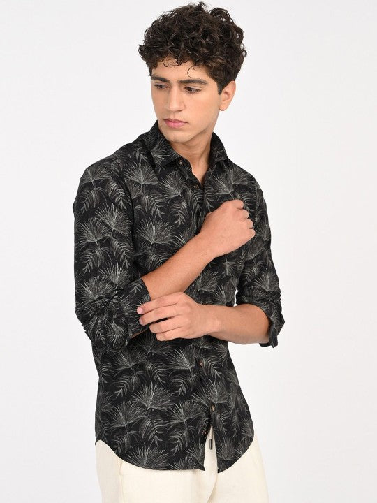 Men Black & White Camouflage Printed Slim Fit Casual Shirt