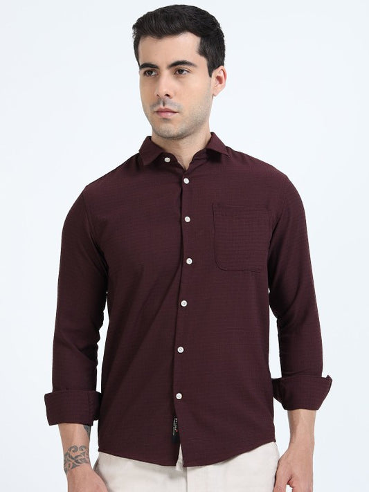 Maroon Textured Slim Fit Cotton Casual Shirt for Men